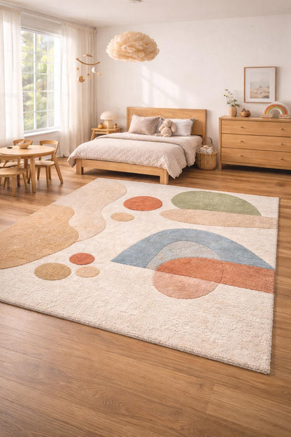 Modern Geometric Nursery Rug | Soft Hand Tufted Area Rug | Kids Room Decor Rug | Abstract Pastel Playroom Carpet | Scandinavian Room Rug