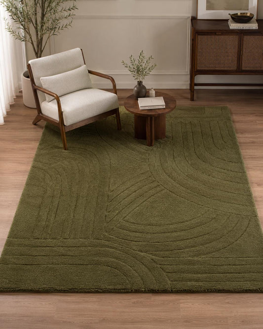 Hand Tufted Olive Green Wool Rug | Modern Abstract Area Rug | Luxury Handmade Living Room Rug | Contemporary Bedroom Carpet Custom Size Rug