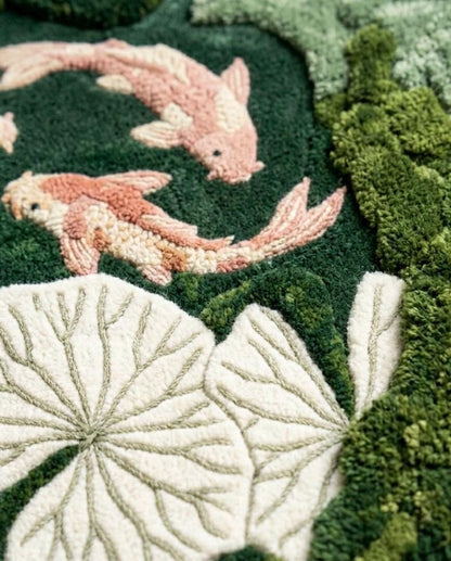 Luxury Koi Pond Rug | Handmade Tufted Wool Rug | Lily Pad Area Rug | Organic Modern Home Decor | Unique Fish Pond Rug | luxury home decor