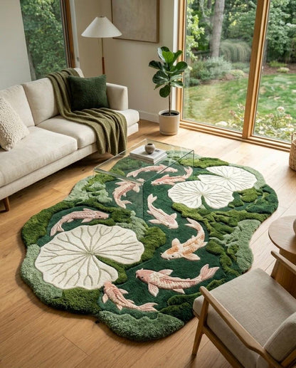 Luxury Koi Pond Rug | Handmade Tufted Wool Rug | Lily Pad Area Rug | Organic Modern Home Decor | Unique Fish Pond Rug | luxury home decor