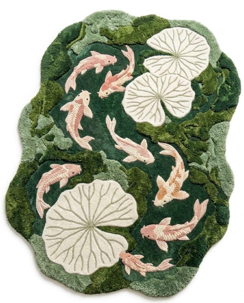 Luxury Koi Pond Rug | Handmade Tufted Wool Rug | Lily Pad Area Rug | Organic Modern Home Decor | Unique Fish Pond Rug | luxury home decor