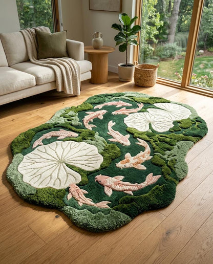 Luxury Koi Pond Rug | Handmade Tufted Wool Rug | Lily Pad Area Rug | Organic Modern Home Decor | Unique Fish Pond Rug | luxury home decor