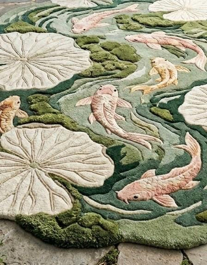 Luxury Koi Fish Pond Rug | Handmade Tufted Wool Area Rug | Irregular Lotus Lily Pad Rug | Japanese Nature Rug| Custom Moss Green Rug