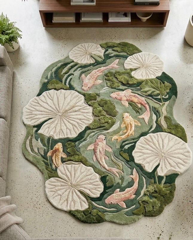 Luxury Koi Fish Pond Rug | Handmade Tufted Wool Area Rug | Irregular Lotus Lily Pad Rug | Japanese Nature Rug| Custom Moss Green Rug