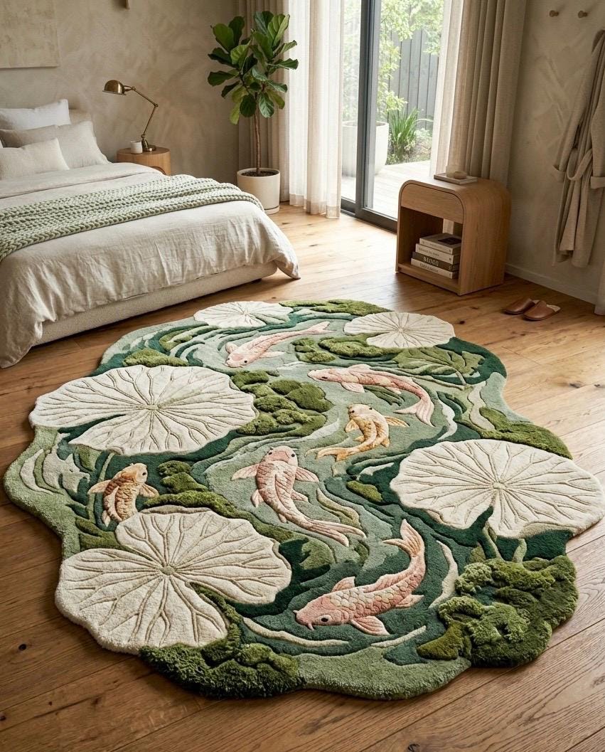 Luxury Koi Fish Pond Rug | Handmade Tufted Wool Area Rug | Irregular Lotus Lily Pad Rug | Japanese Nature Rug| Custom Moss Green Rug