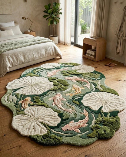 Luxury Koi Fish Pond Rug | Handmade Tufted Wool Area Rug | Irregular Lotus Lily Pad Rug | Japanese Nature Rug| Custom Moss Green Rug