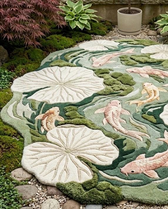Luxury Koi Fish Pond Rug | Handmade Tufted Wool Area Rug | Irregular Lotus Lily Pad Rug | Japanese Nature Rug| Custom Moss Green Rug