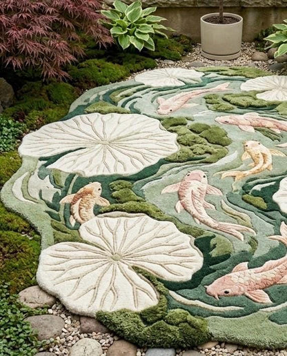 Luxury Koi Fish Pond Rug | Handmade Tufted Wool Area Rug | Irregular Lotus Lily Pad Rug | Japanese Nature Rug| Custom Moss Green Rug