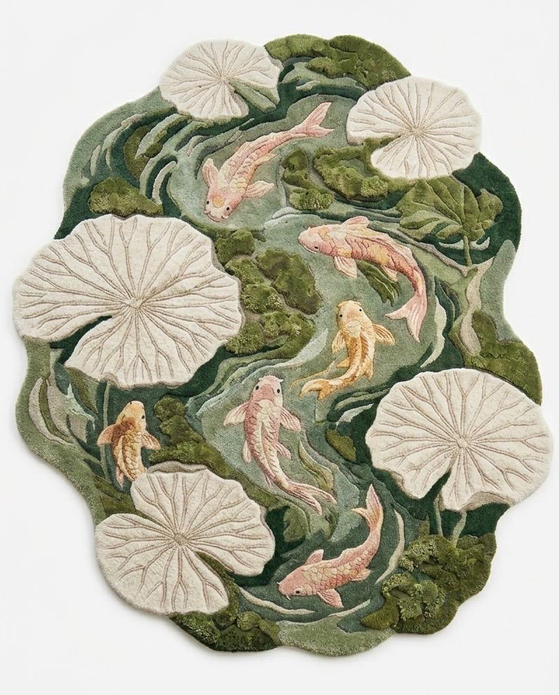 Luxury Koi Fish Pond Rug | Handmade Tufted Wool Area Rug | Irregular Lotus Lily Pad Rug | Japanese Nature Rug| Custom Moss Green Rug