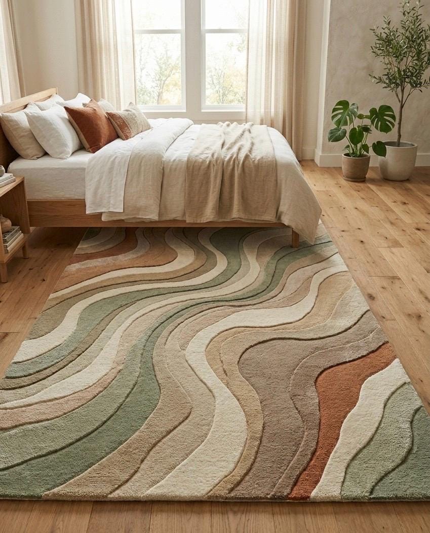 Hand Tufted Wool Rug | Modern Abstract Area Rug | Sage Green Beige Terracotta Rug | Organic Wave Rug | Scandinavian Living Room Rug | 9x12
