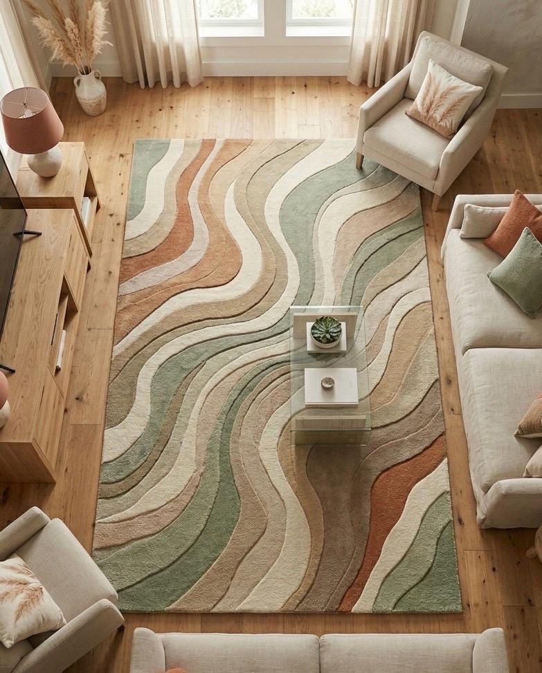 Hand Tufted Wool Rug | Modern Abstract Area Rug | Sage Green Beige Terracotta Rug | Organic Wave Rug | Scandinavian Living Room Rug | 9x12
