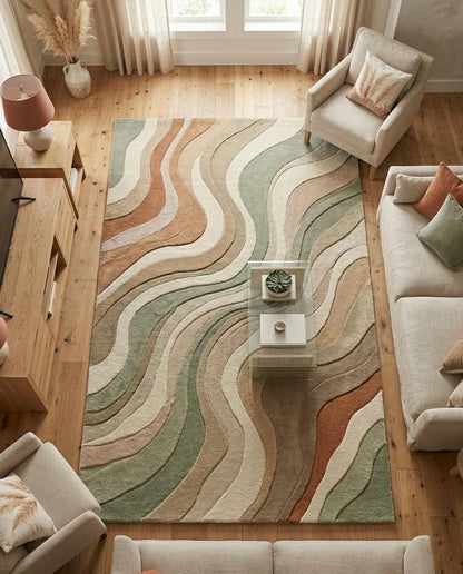 Hand Tufted Wool Rug | Modern Abstract Area Rug | Sage Green Beige Terracotta Rug | Organic Wave Rug | Scandinavian Living Room Rug | 9x12