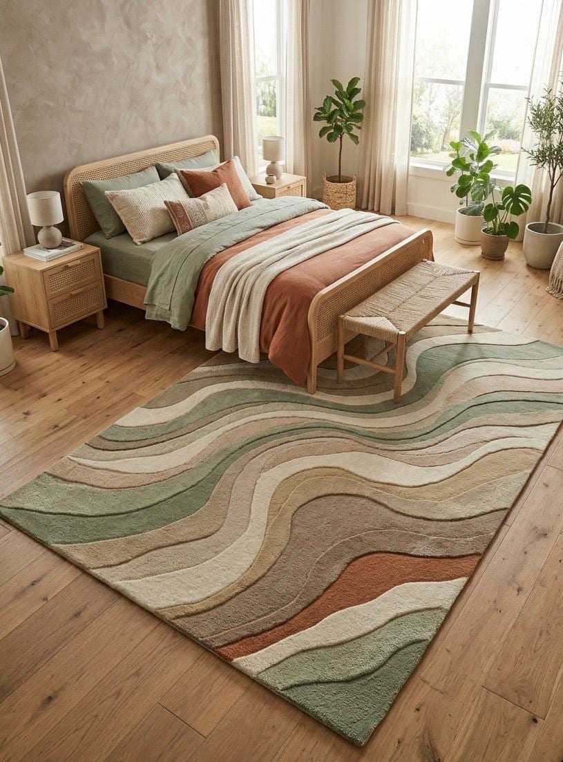 Hand Tufted Wool Rug | Modern Abstract Area Rug | Sage Green Beige Terracotta Rug | Organic Wave Rug | Scandinavian Living Room Rug | 9x12