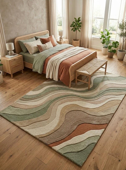 Hand Tufted Wool Rug | Modern Abstract Area Rug | Sage Green Beige Terracotta Rug | Organic Wave Rug | Scandinavian Living Room Rug | 9x12