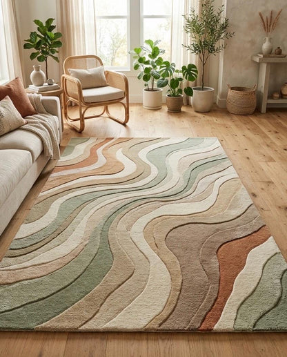 Hand Tufted Wool Rug | Modern Abstract Area Rug | Sage Green Beige Terracotta Rug | Organic Wave Rug | Scandinavian Living Room Rug | 9x12