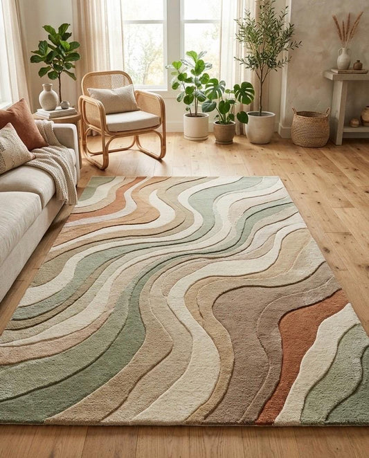 Hand Tufted Wool Rug | Modern Abstract Area Rug | Sage Green Beige Terracotta Rug | Organic Wave Rug | Scandinavian Living Room Rug | 9x12