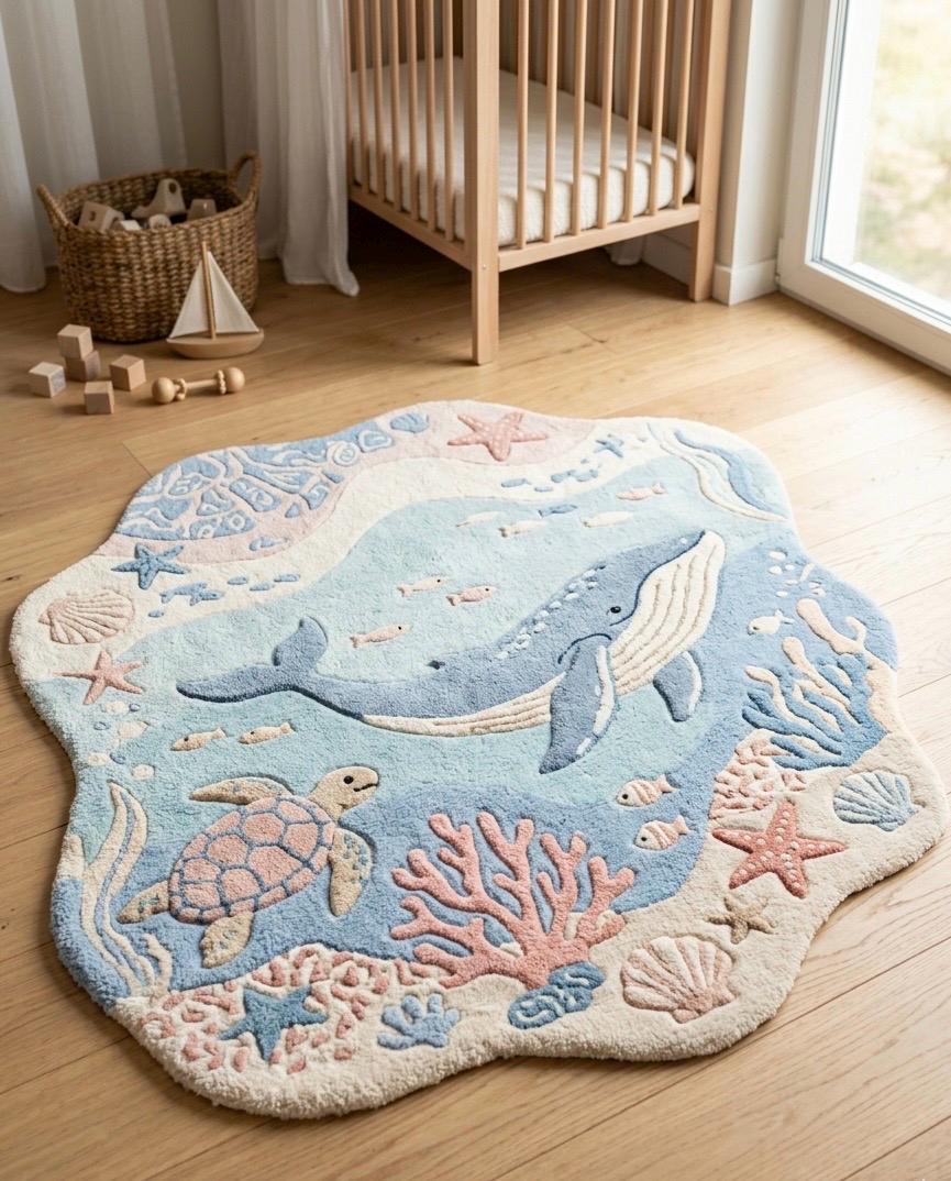 Whale Nursery Rug | Ocean Kids Rug | Sea Life Tufted Rug | Coastal Baby Room Decor | Handmade Area Rug