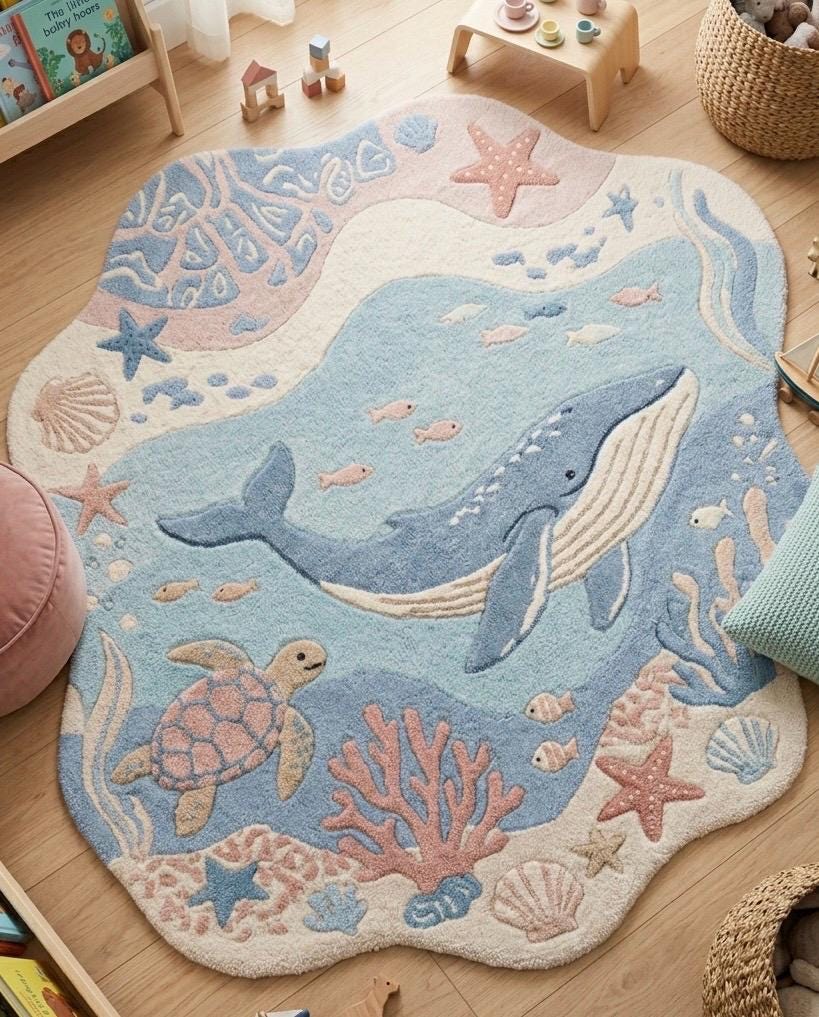 Whale Nursery Rug | Ocean Kids Rug | Sea Life Tufted Rug | Coastal Baby Room Decor | Handmade Area Rug