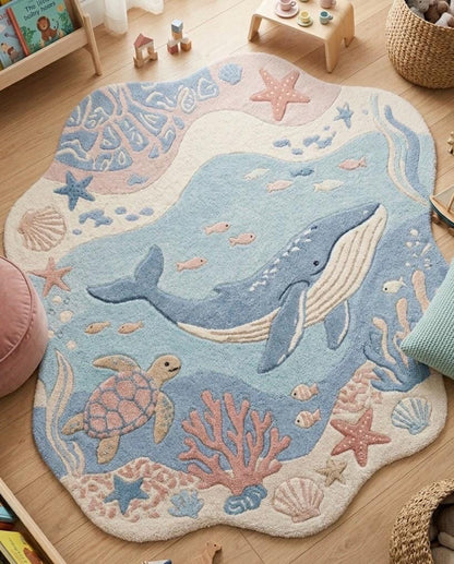Whale Nursery Rug | Ocean Kids Rug | Sea Life Tufted Rug | Coastal Baby Room Decor | Handmade Area Rug