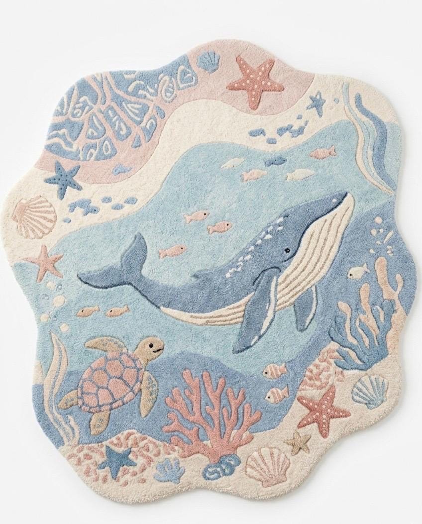 Whale Nursery Rug | Ocean Kids Rug | Sea Life Tufted Rug | Coastal Baby Room Decor | Handmade Area Rug