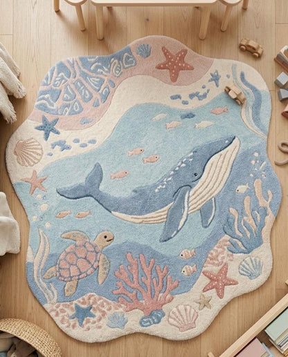Whale Nursery Rug | Ocean Kids Rug | Sea Life Tufted Rug | Coastal Baby Room Decor | Handmade Area Rug