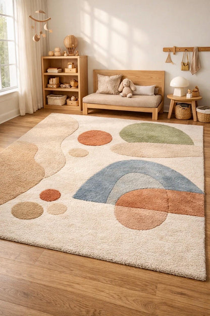 Modern Geometric Nursery Rug | Soft Hand Tufted Area Rug | Kids Room Decor Rug | Abstract Pastel Playroom Carpet | Scandinavian Room Rug