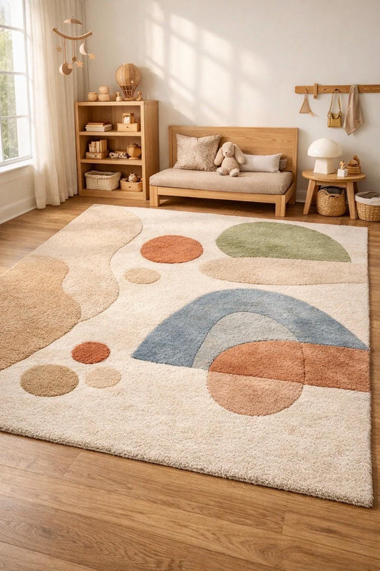 Modern Geometric Nursery Rug | Soft Hand Tufted Area Rug | Kids Room Decor Rug | Abstract Pastel Playroom Carpet | Scandinavian Room Rug