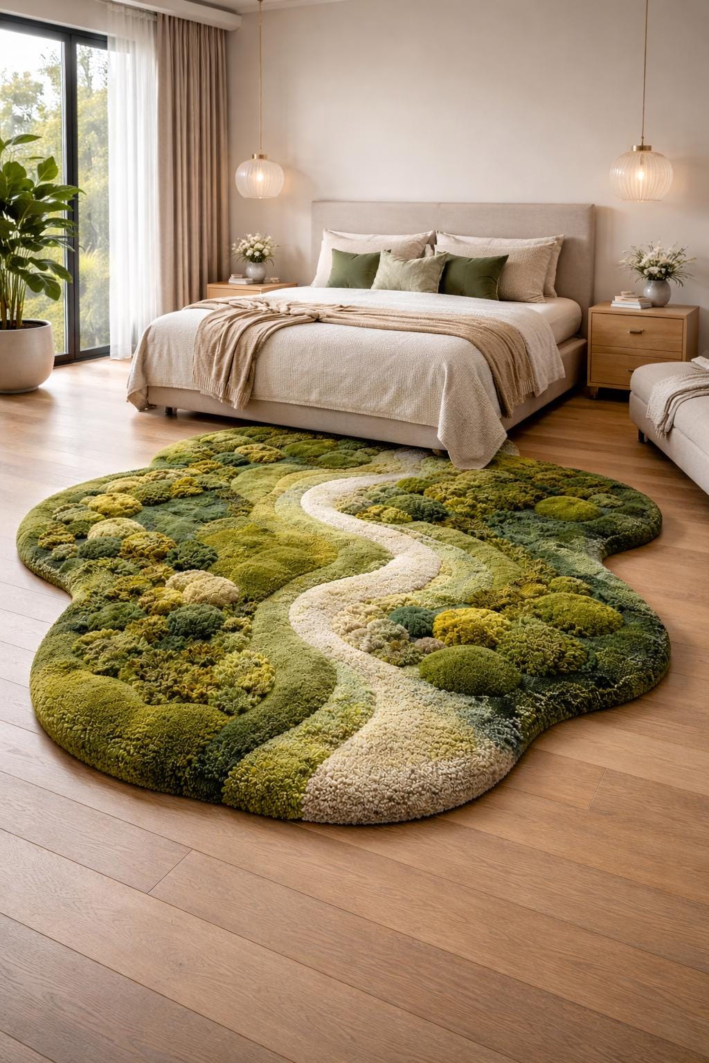 Moss Rug Handmade Tufted | Organic Green Landscape Rug | 3D River Design Area Rug | Luxury Nature Inspired Carpet | Biophilic Home Decor