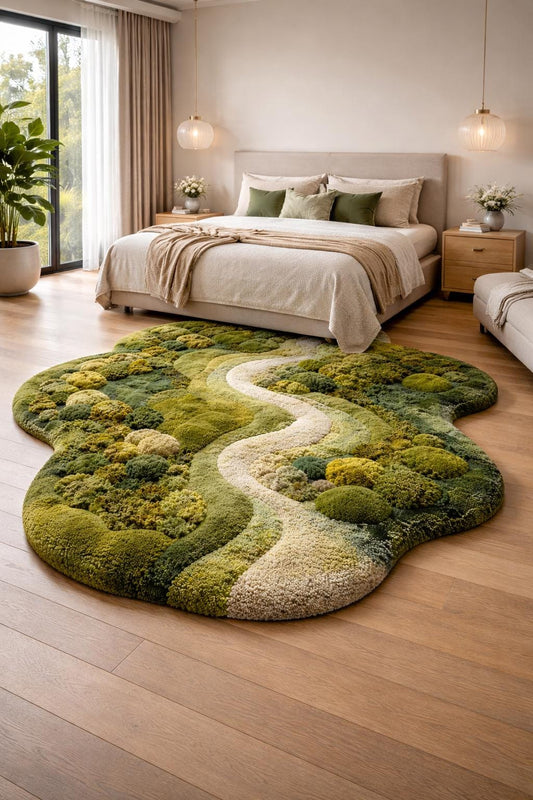 Moss Rug Handmade Tufted | Organic Green Landscape Rug | 3D River Design Area Rug | Luxury Nature Inspired Carpet | Biophilic Home Decor