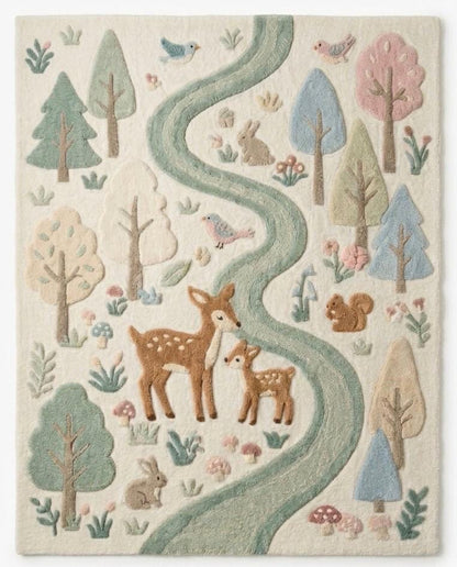 Woodland Animal Nursery Rug | Deer Forest Kids Rug | Tufted Nursery Carpet | Pastel Woodland Decor | Baby Room Area Rug | Handmade Kids Rug