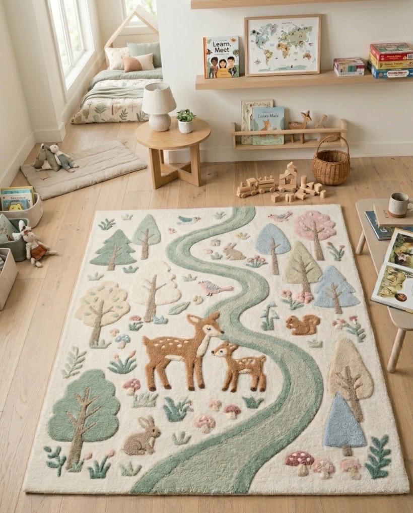 Woodland Animal Nursery Rug | Deer Forest Kids Rug | Tufted Nursery Carpet | Pastel Woodland Decor | Baby Room Area Rug | Handmade Kids Rug