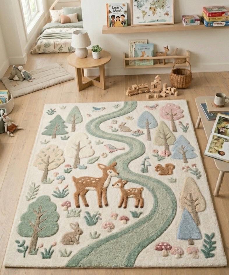 Woodland Animal Nursery Rug | Deer Forest Kids Rug | Tufted Nursery Carpet | Pastel Woodland Decor | Baby Room Area Rug | Handmade Kids Rug