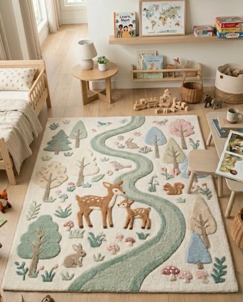 Woodland Animal Nursery Rug | Deer Forest Kids Rug | Tufted Nursery Carpet | Pastel Woodland Decor | Baby Room Area Rug | Handmade Kids Rug
