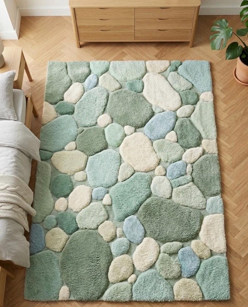 Luxury Pebble Area Rug | Handmade Hand Tufted Wool Rug | Sage Green Modern Stone Rug | Soft Plush Living Room Carpet | Custom Size Rug