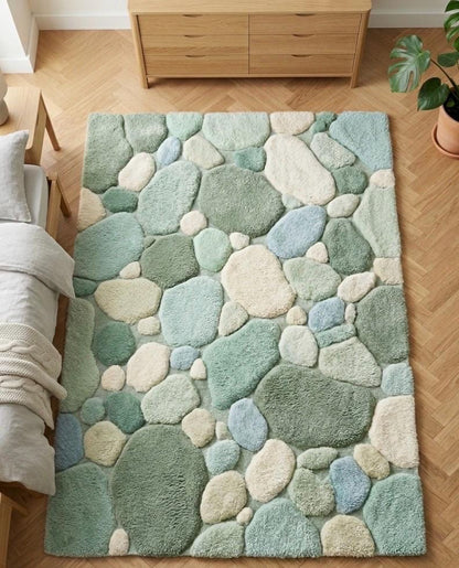 Luxury Pebble Area Rug | Handmade Hand Tufted Wool Rug | Sage Green Modern Stone Rug | Soft Plush Living Room Carpet | Custom Size Rug