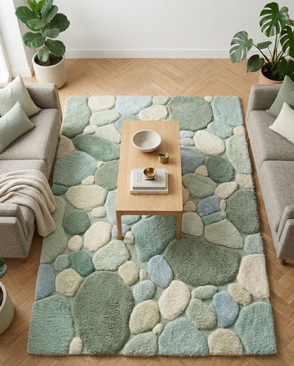 Luxury Pebble Area Rug | Handmade Hand Tufted Wool Rug | Sage Green Modern Stone Rug | Soft Plush Living Room Carpet | Custom Size Rug
