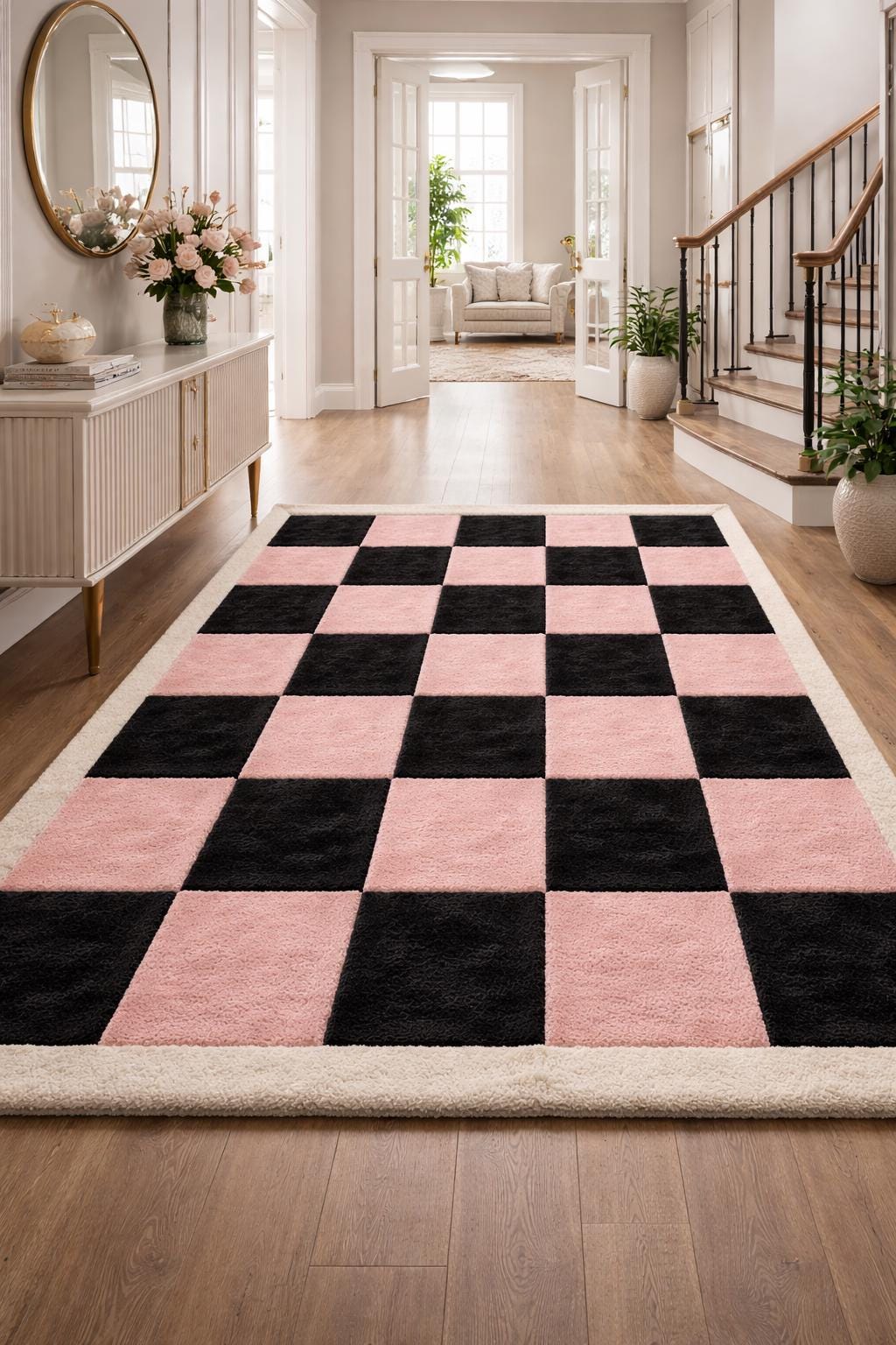 Pink and Black Checkerboard Rug | Hand Tufted Area Rug | Modern Soft Shaggy Rug |Aesthetic Room Decor | Luxury Bedroom Carpet | 8x10 9x12