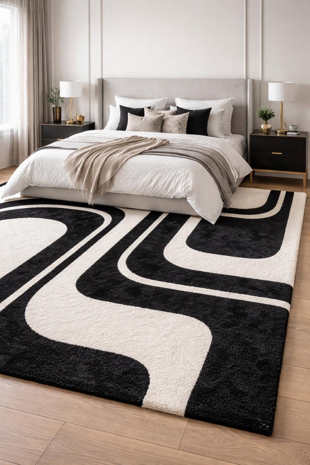 Luxury Black and White Rug | Modern Geometric Area Rug | Plush High Pile Living Room Carpet | Contemporary Statement Floor Decor rug | 9x12
