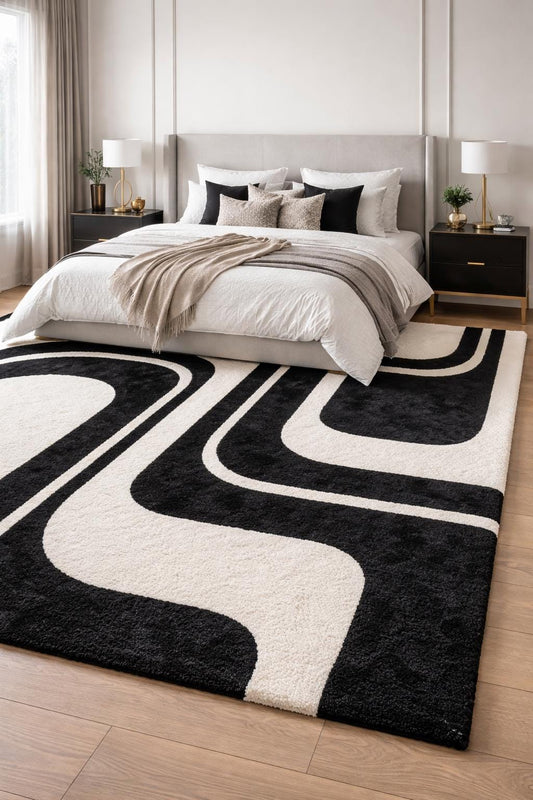 Luxury Black and White Rug | Modern Geometric Area Rug | Plush High Pile Living Room Carpet | Contemporary Statement Floor Decor rug | 9x12