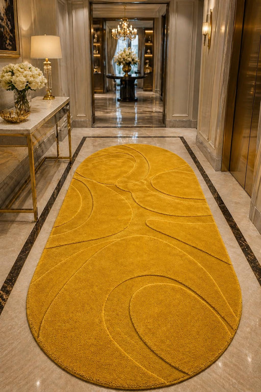 Luxury Gold Oval Rug | Hand Tufted Wool Rug | Abstract Modern Rug | Plush High Pile Carpet | Custom Size Area Rug | Designer Bedroom