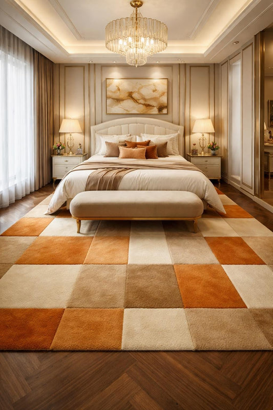 Luxury Hand Tufted Wool Rug | Orange Beige Checkered Rug | Modern Square Block Area Rug | Abstract Geometric Carpet | Handmade Designer Rug