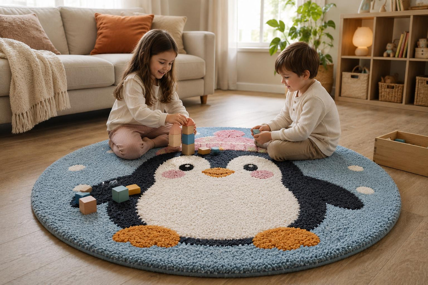 Cute Penguin Rug | Round Nursery Carpet for Kids Room | Tufted Animal Play Mat | Kawaii Blue Fluffy Rug | Playroom Decor | Baby Shower Gift