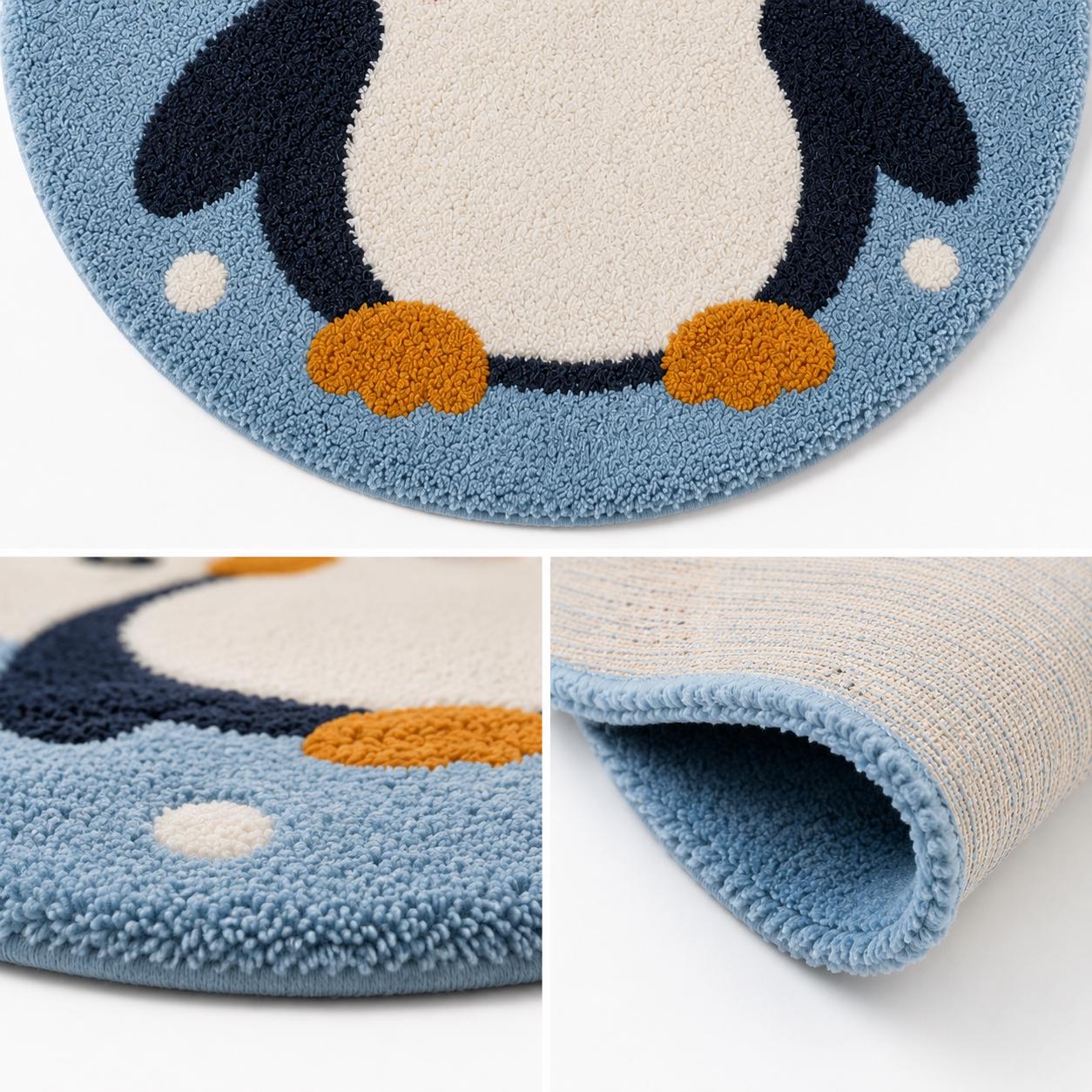 Cute Penguin Rug | Round Nursery Carpet for Kids Room | Tufted Animal Play Mat | Kawaii Blue Fluffy Rug | Playroom Decor | Baby Shower Gift
