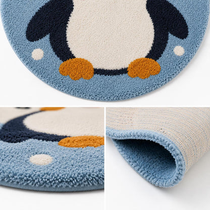 Cute Penguin Rug | Round Nursery Carpet for Kids Room | Tufted Animal Play Mat | Kawaii Blue Fluffy Rug | Playroom Decor | Baby Shower Gift
