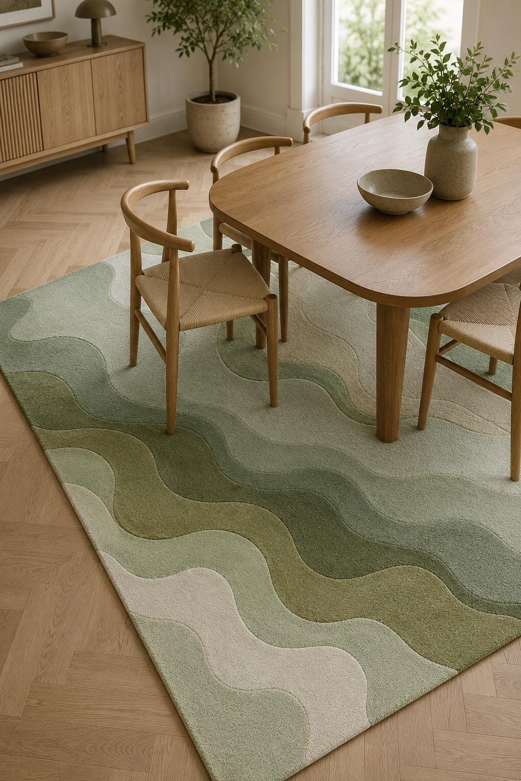 Green Abstract Hand Tufted Wool Rug | Modern Scandinavian Area Rug | Sage Olive Wave Rug | Living Room Bedroom Carpet