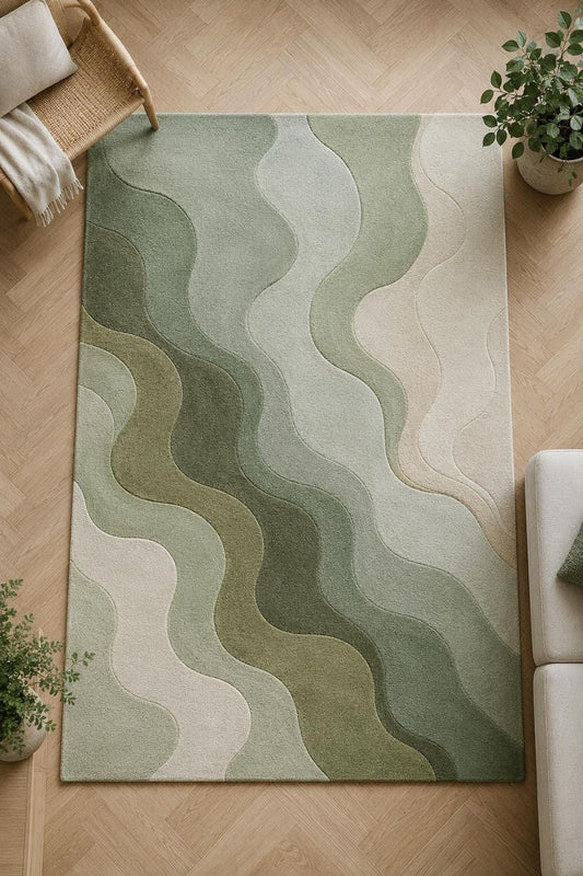 Green Abstract Hand Tufted Wool Rug | Modern Scandinavian Area Rug | Sage Olive Wave Rug | Living Room Bedroom Carpet