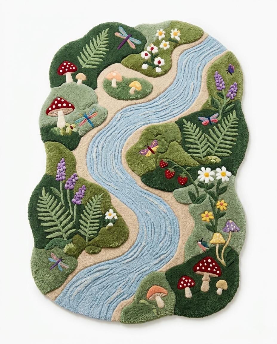 Hand Tufted River Rug | Whimsical Mushroom Area Rug | Botanical Nature Rug | Organic Shaped Wool Rug | Cottagecore Bedroom Decor | kids rug