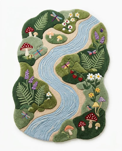 Hand Tufted River Rug | Whimsical Mushroom Area Rug | Botanical Nature Rug | Organic Shaped Wool Rug | Cottagecore Bedroom Decor | kids rug