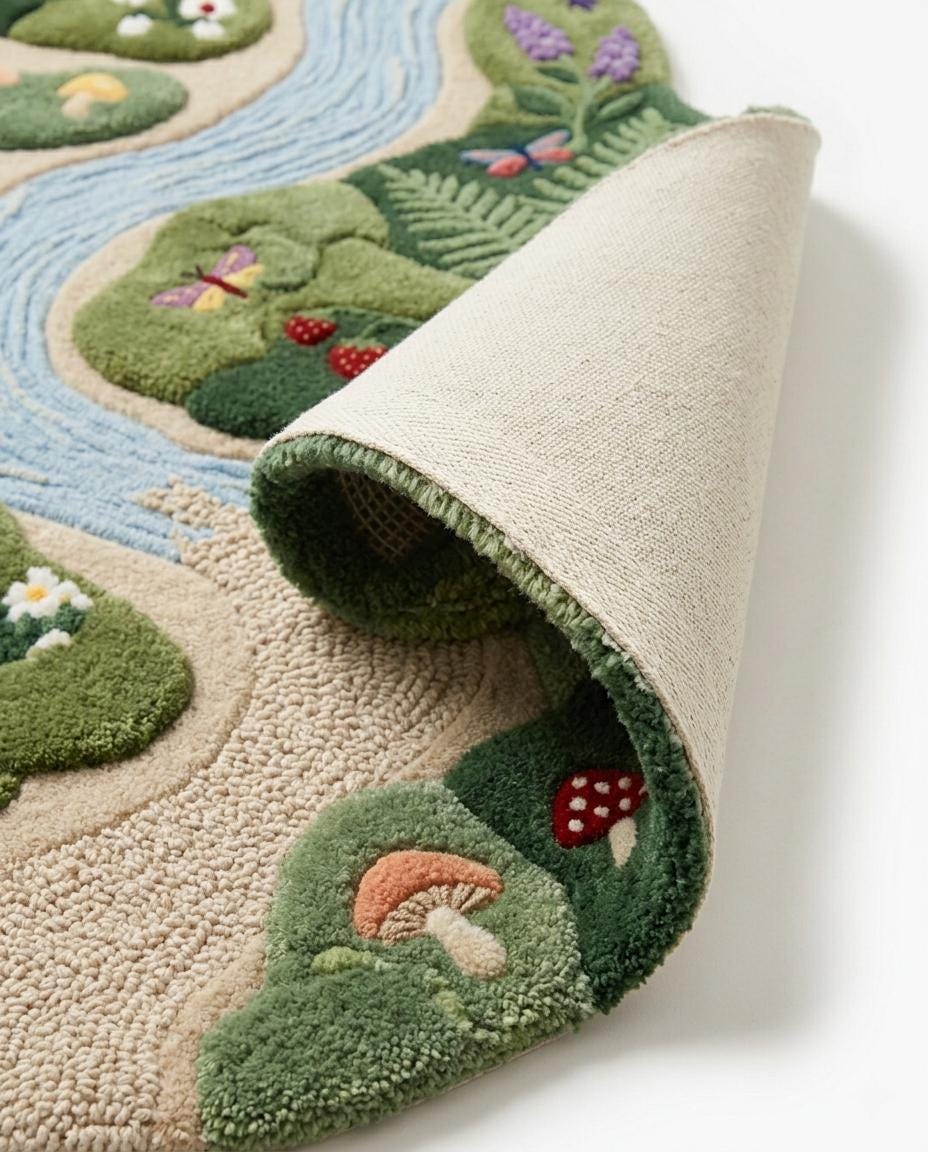 Hand Tufted River Rug | Whimsical Mushroom Area Rug | Botanical Nature Rug | Organic Shaped Wool Rug | Cottagecore Bedroom Decor | kids rug