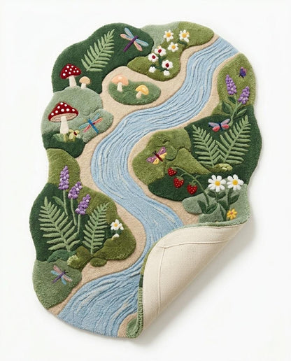 Hand Tufted River Rug | Whimsical Mushroom Area Rug | Botanical Nature Rug | Organic Shaped Wool Rug | Cottagecore Bedroom Decor | kids rug